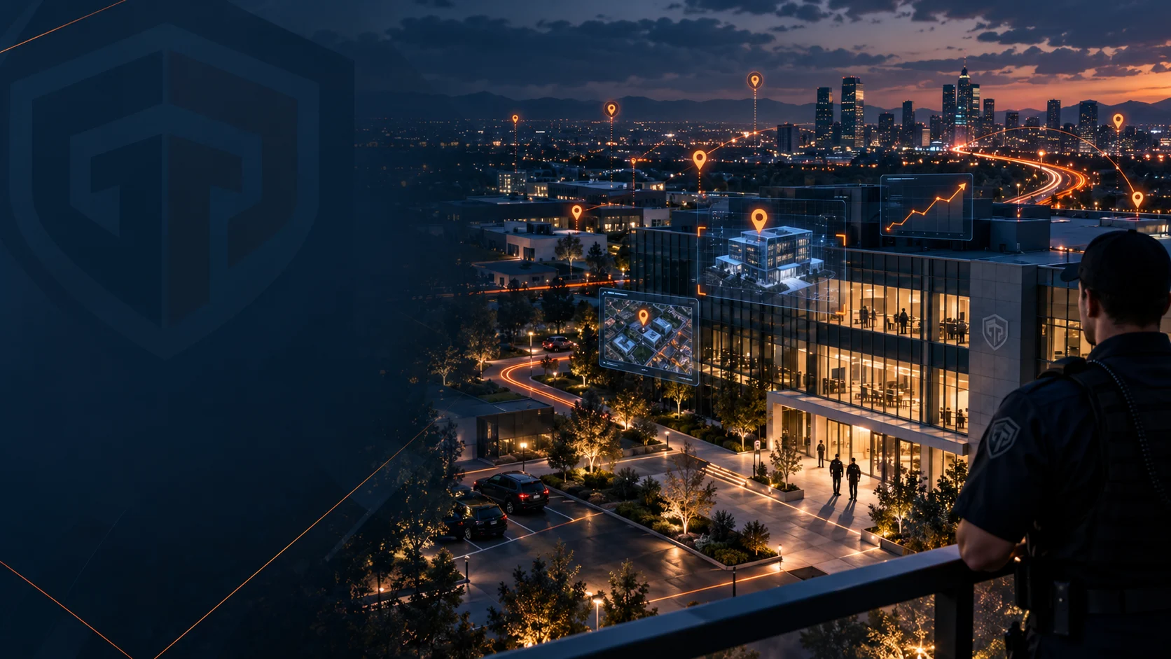 City and modern commercial campus at dusk with orange facility-intelligence markers, illustrating security opportunities and growth.